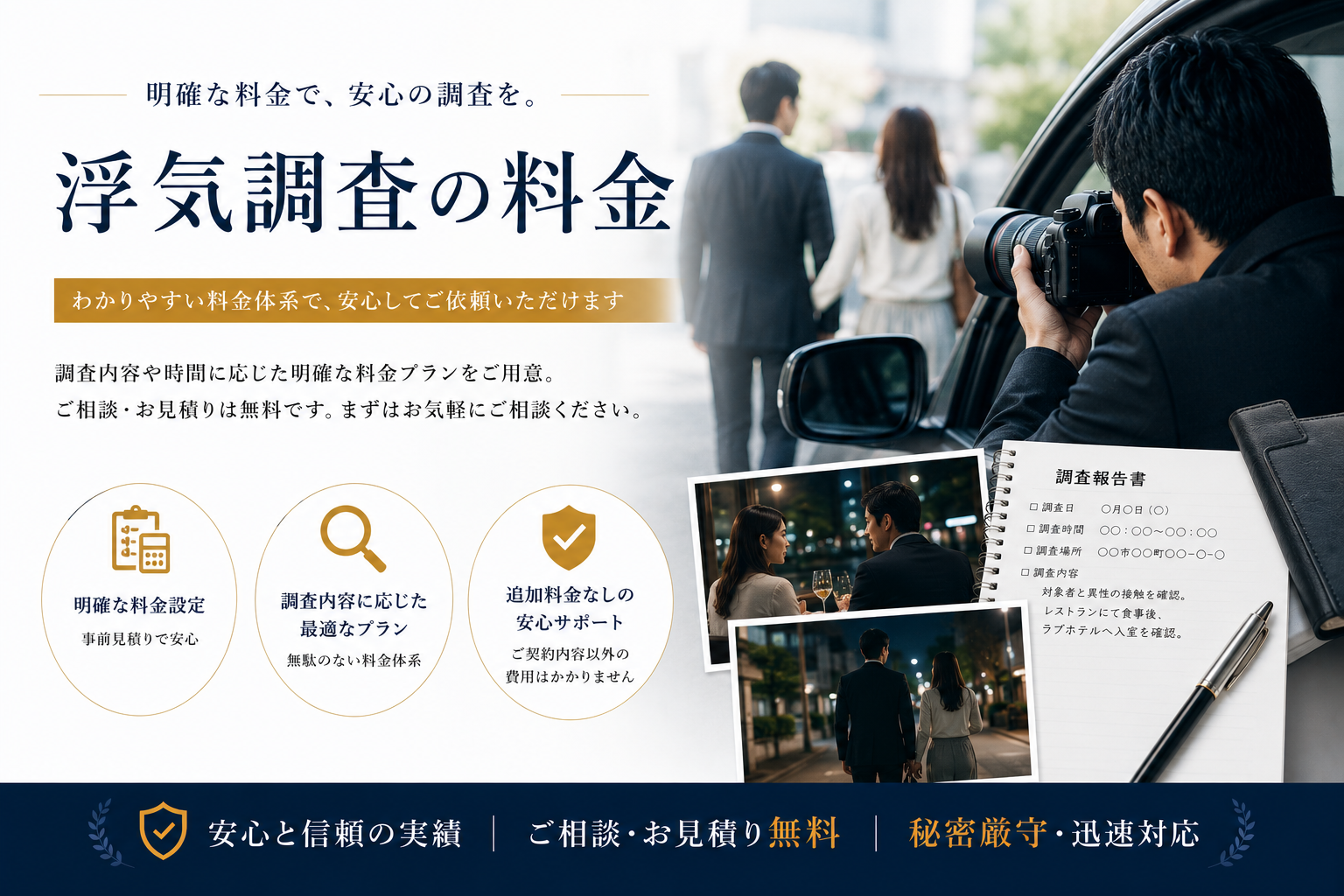 料金プラン - 明朗会計・追加料金なし・出張費無料。大手探偵社の1/2の料金で高品質調査をご提供。