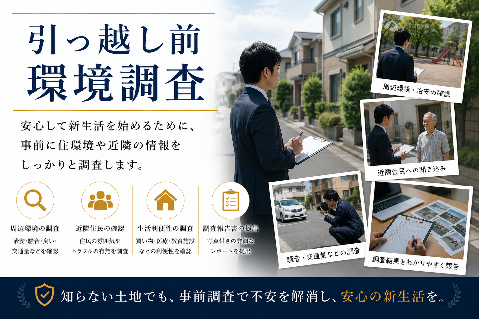 引越し前環境調査 - 新居の治安・近隣住民の素行・周辺環境をプロの探偵が事前に徹底調査。安心して引越しできる情報をお届けします。