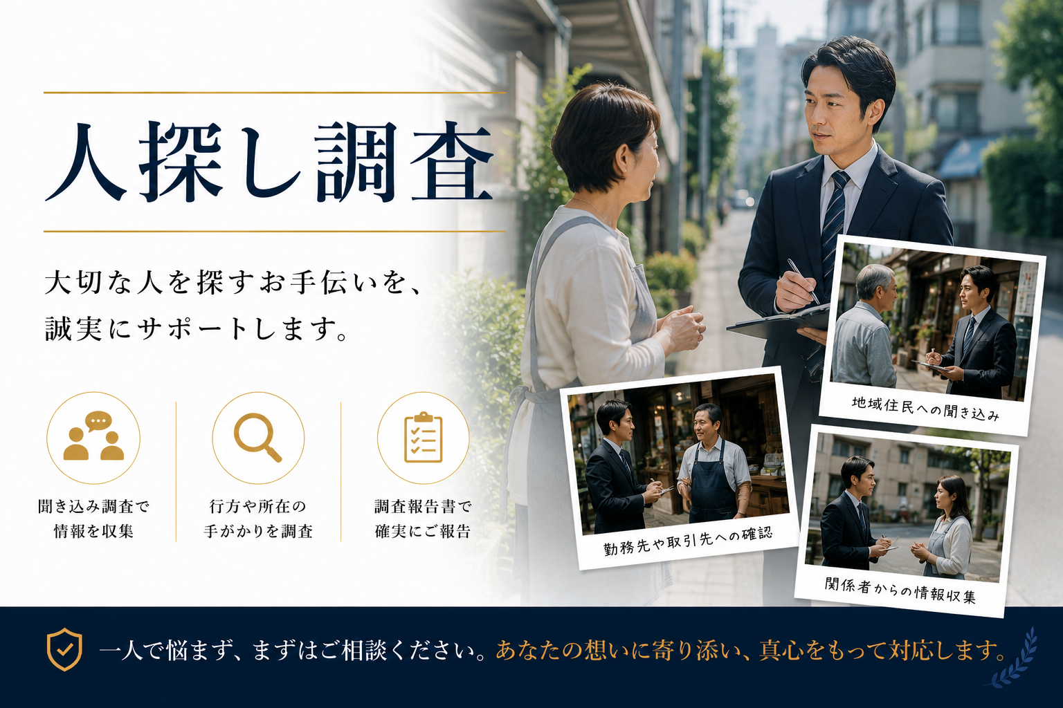 人探し・行方調査 - 会いたい人の居場所を、プロの調査力で特定。データベース調査・聞き込み・尾行で確実に追跡。一人で悩まず、まずはご相談ください。