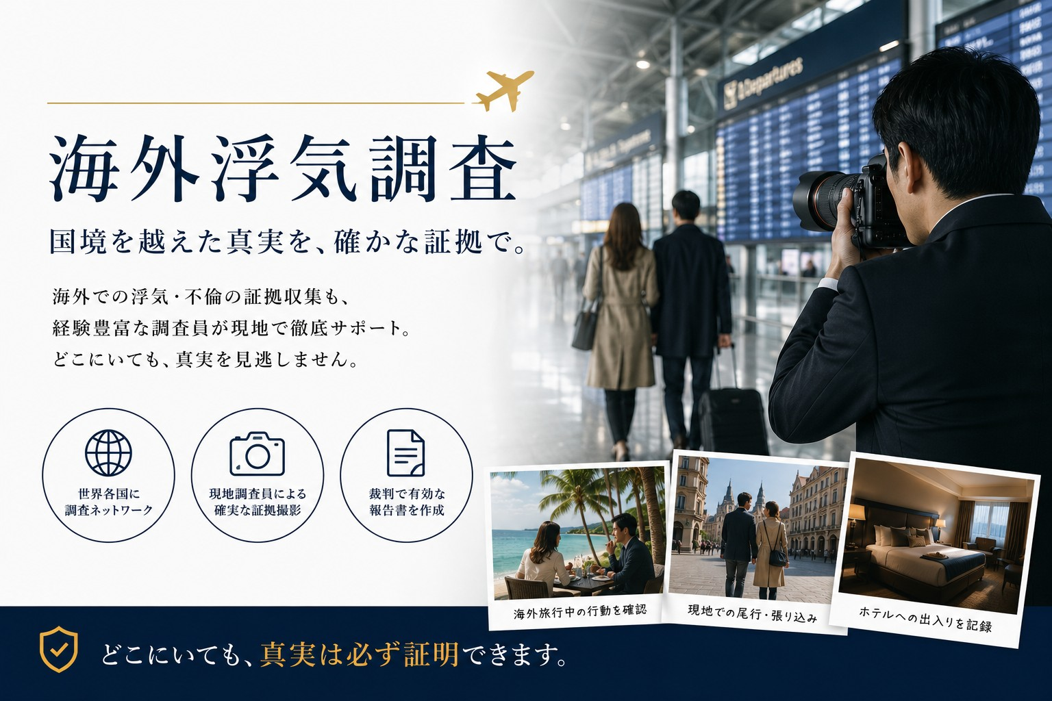海外浮気調査 - 国境を越えた真実を、確かな証拠で。世界各国に調査ネットワーク・現地調査員による確実な証拠撮影・裁判で有効な報告書を作成。どこにいても、真実は必ず証明できます。