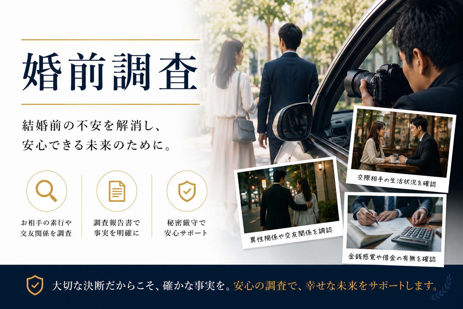 婚前調査 - 結婚前の不安を解消し、安心できる未来のために。お相手の素行や交友関係を調査・調査報告書で事実を明確に・秘密厳守で安心サポート。大切な決断だからこそ、確かな事実を。