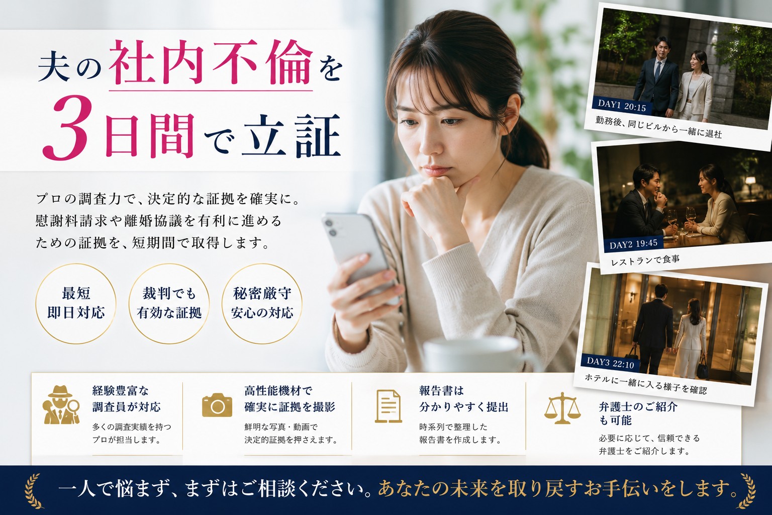 夫の社内不倫を3日間で立証