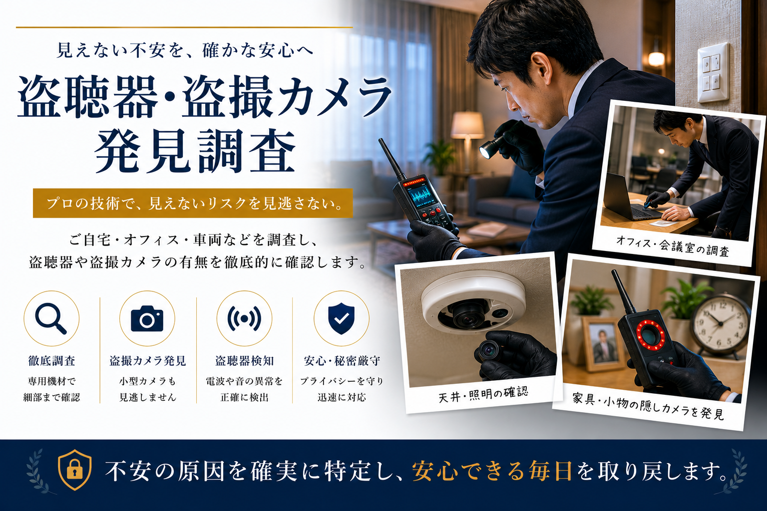 盗聴器・盗撮カメラ発見 - 最新の専門機器で徹底調査。プライバシーを完全保護します。即日対応可能・秘密厳守。