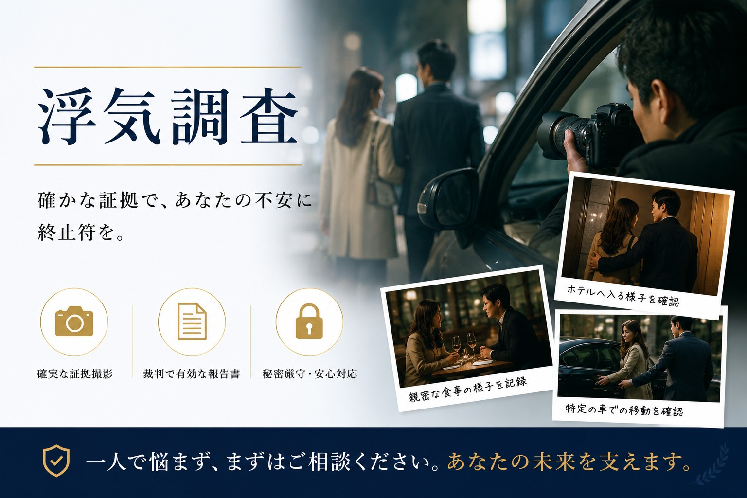 浮気調査 - 確かな証拠で、あなたの不安に終止符を。確実な証拠撮影・裁判で有効な報告書・秘密厳守で安心対応。一人で悩まず、まずはご相談ください。
